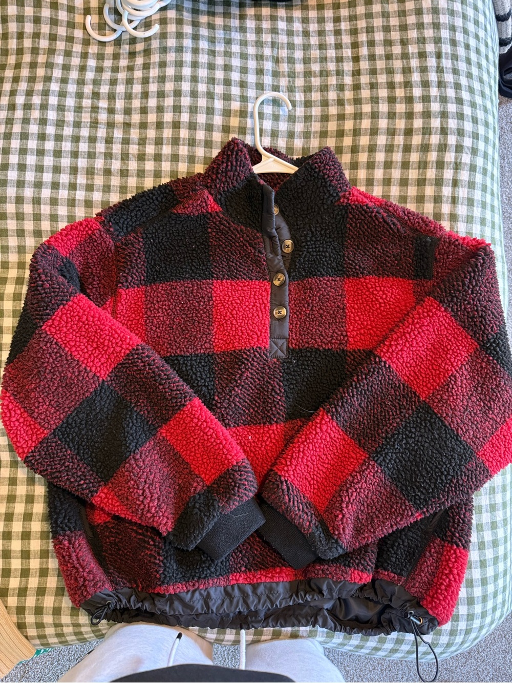 American Eagle Outfitters Red & Black Buffalo Check Sherpa Pullover